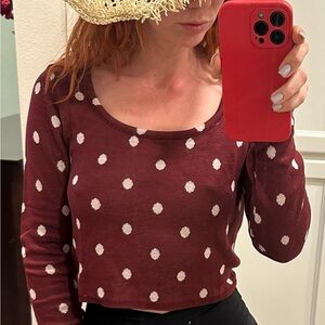 Women's Dot Print Long-Sleeve Knit Top - Burgundy